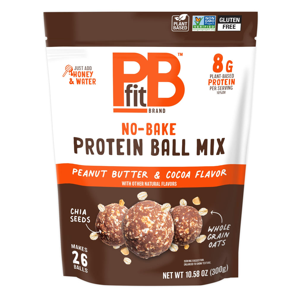 PBfit No Bake mix in bag showing gluten-free convenient snack