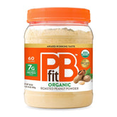 PBfit organic peanut butter powder in a jar, highlighting a low-fat spread option