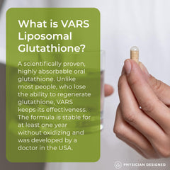 PD VARS glutathione capsules close-up showing odorless, tasteless daily intake.