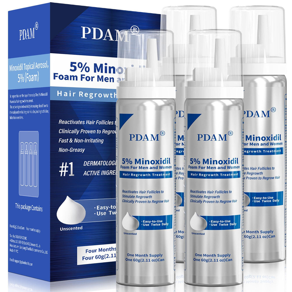 Pdam Minoxidil foam bottle closeup for home use
