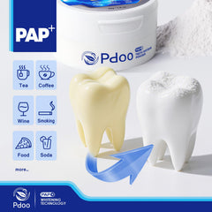 Pdoo PAP closeup texture shows fine powder designed for easy brushing.