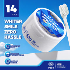 Pdoo whitening powder on counter highlights a convenient, everyday whitening routine.