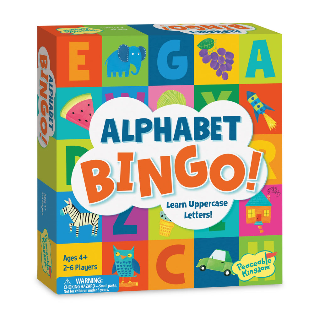 Peaceable Kingdom Alphabet Bingo game cover with colorful letters for early readers.