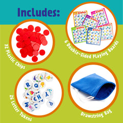 Peaceable Kingdom drawstring bag containing letter tiles for on the go play.