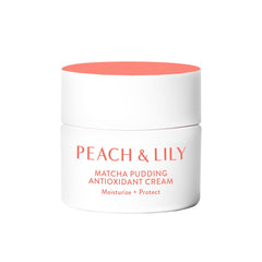 Peach & Lily Matcha Pudding cream jar closeup showing antioxidant hydration.