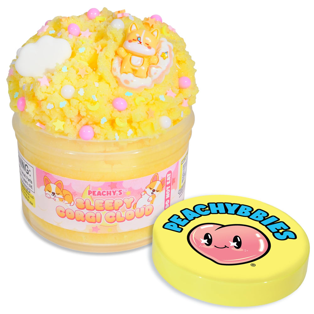 PEACHY Sleepy Corgi Cloud slime jar with drizzly texture for tactile play