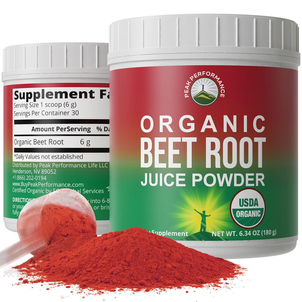 Peak Performance beet root powder packaging highlighting premium organic beetroot for daily wellness
