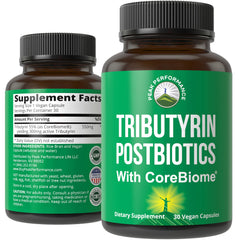 Peak Performance CoreBiome Tributyrin bottle shown for gut health support.