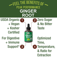Peak Performance ginger liquid drops pour demonstrates quick, convenient dosing.
