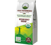Peak Performance high altitude organic coffee ground bag highlights Fair Trade and USDA Organic certification.