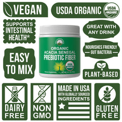 Peak Performance organic acacia senegal label highlighting organic, plant-based fiber source.