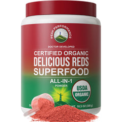 Peak Performance Organic Reds powder bottle for daily energy support