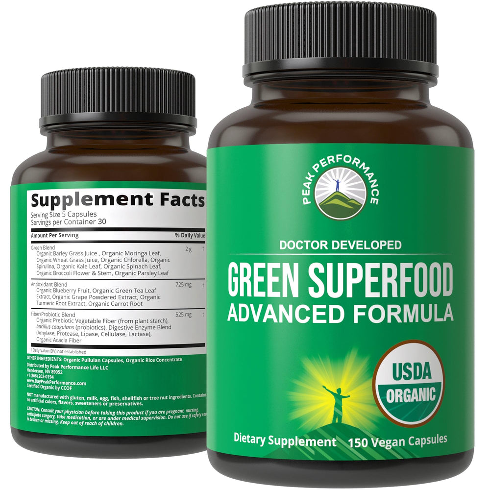 Peak Performance Organic Super Greens bottle shows a vibrant greens formula for daily energy support