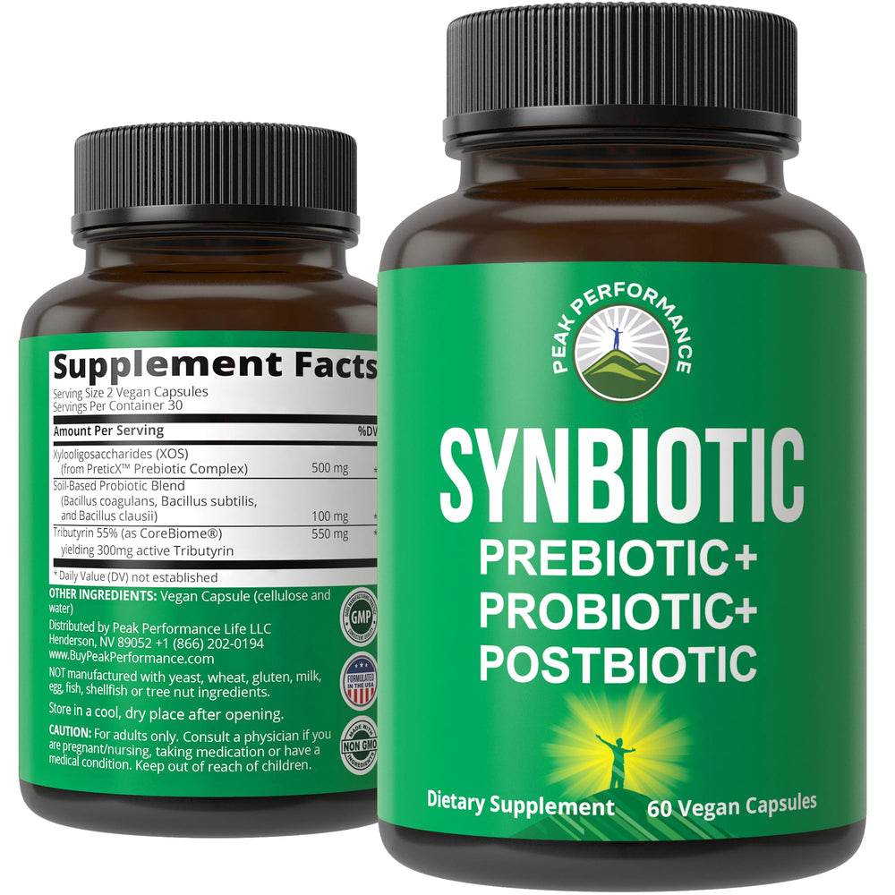 Peak Performance Synbiotic bottle ready for daily gut support.