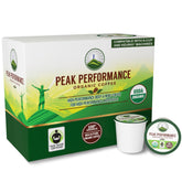 Peak Performance USDA Organic coffee pods in a 24-count box with recyclable cups.