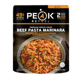 Peak Refuel Beef Pasta Marinara pack highlights high-protein trail meal.