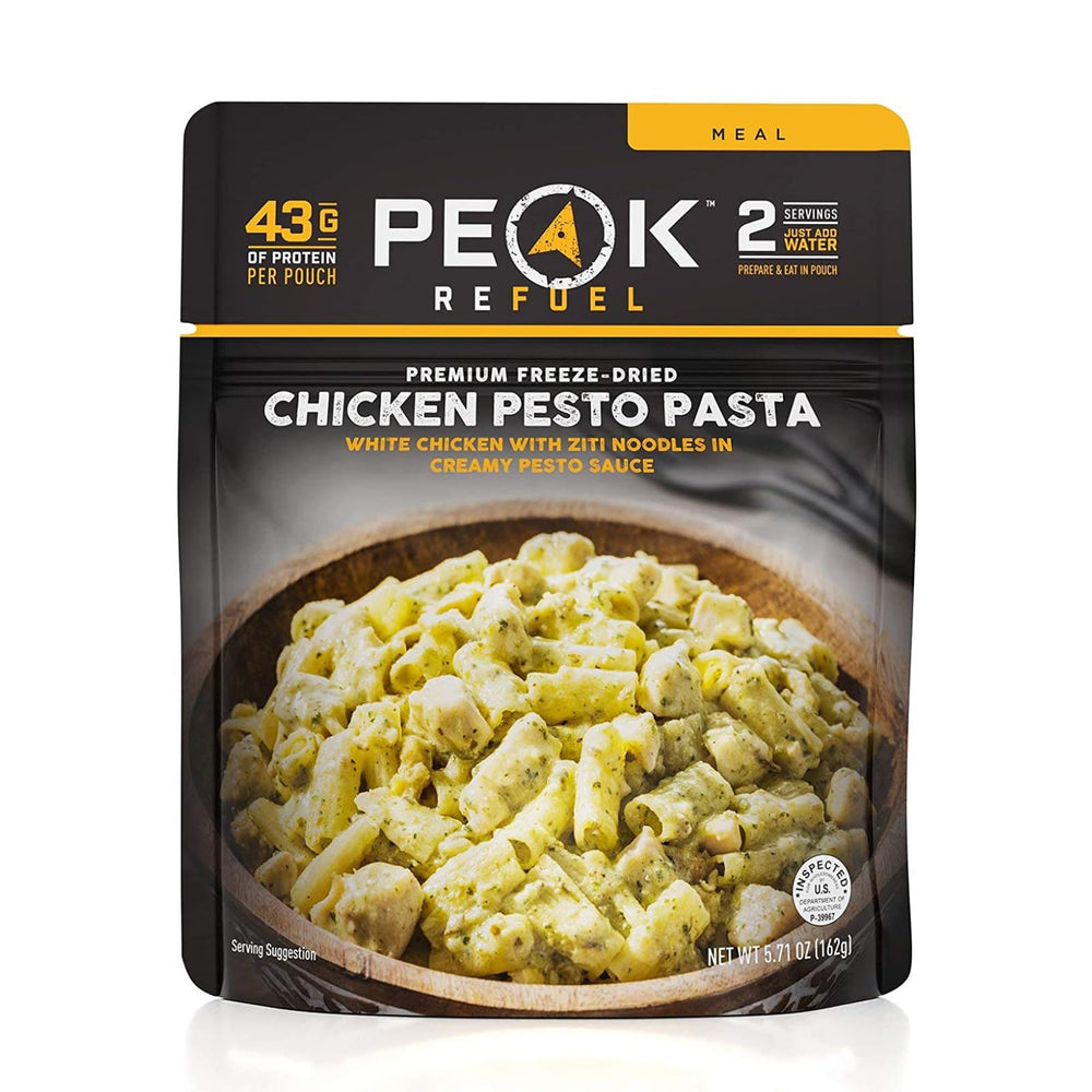 Peak Refuel Chicken Pesto Pasta bowl with real meat and pesto, high-protein trail meal.
