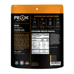 Peak Refuel Chicken Pesto Pasta pack opened, showing two-serving pouch.