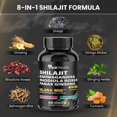 Peakhealth Ashwagandha Shilajit capsules close-up for daily balance support.