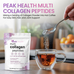Peakhealth Multi-Collagen Powder bottle label highlights ingredient quality and sourcing.
