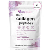 Peakhealth Multi-Collagen Powder tub closeup showing premium packaging and high-quality ingredients.