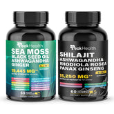Peakhealth Shilajit Sea Moss bottle displayed for daily energy support.
