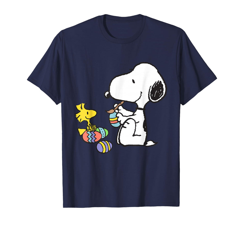 Peanuts Snoopy Woodstock Easter Egg Painting T-Shirt displaying playful design for casual spring wear