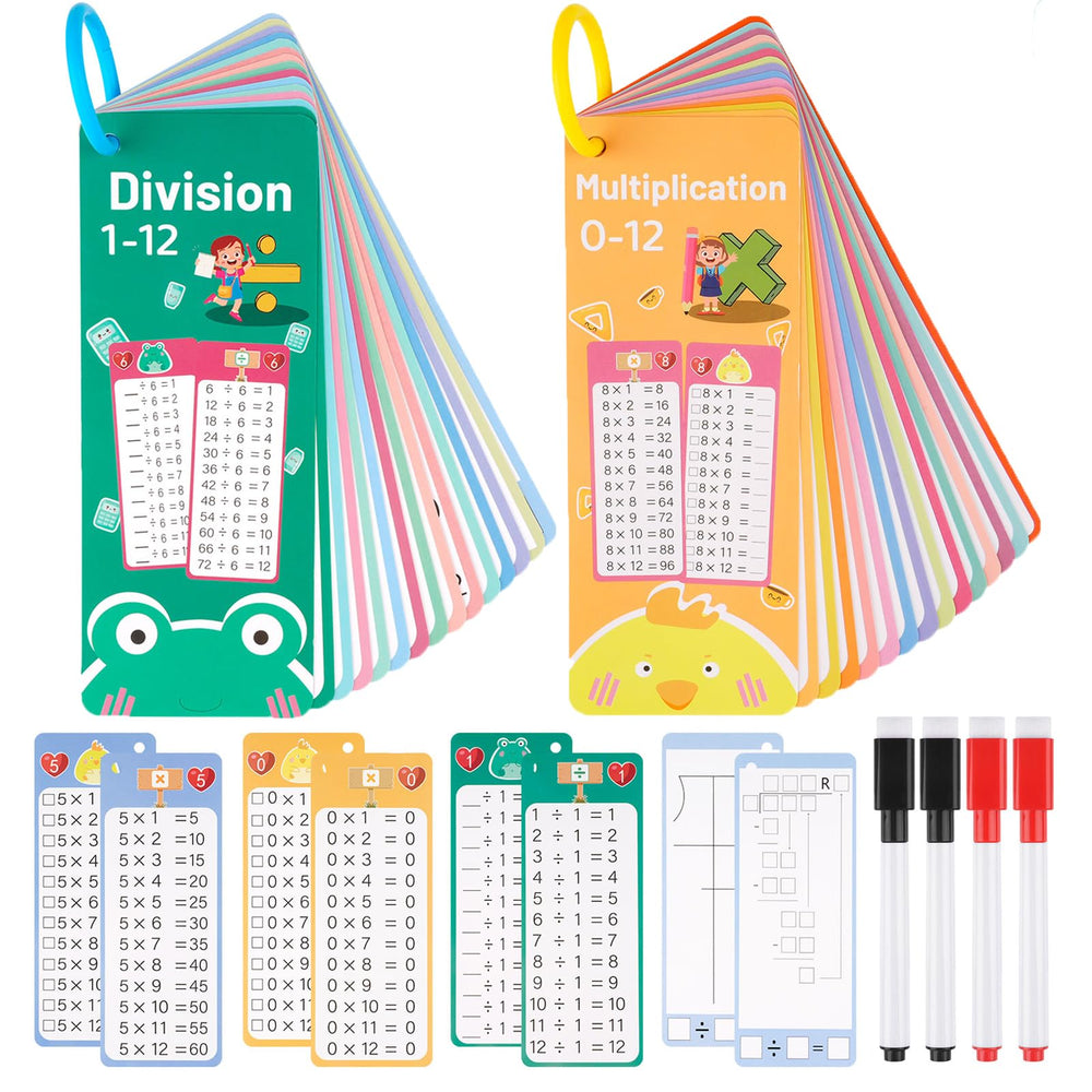 PEASUG flash cards front view with multiplication and division problems for quick practice