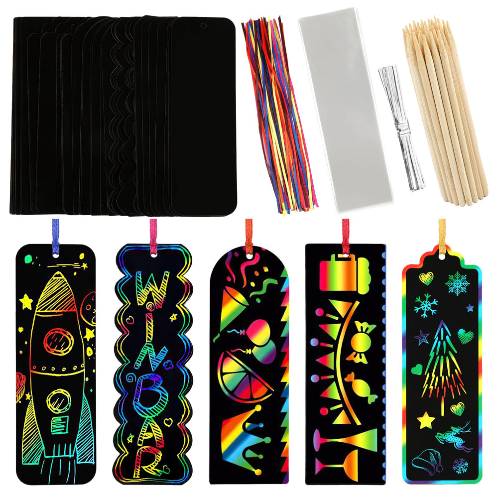PEASUG scratch art bookmarks reveal vibrant rainbow colors for kids while reading or drawing.