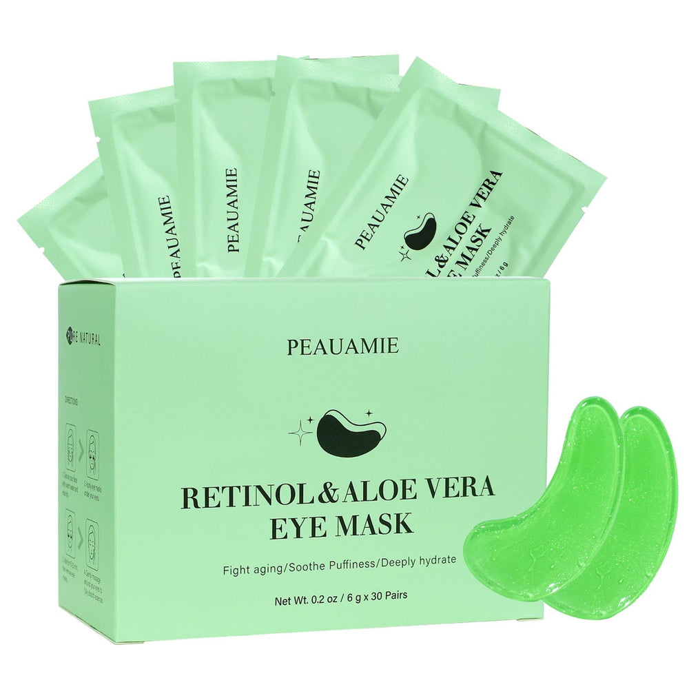 PEAUAMIE under-eye patches with retinol and aloe bottle close-up showing soothing care