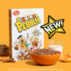 Family shares a bowl of Cinnamon PEBBLES during a busy morning with aroma.
