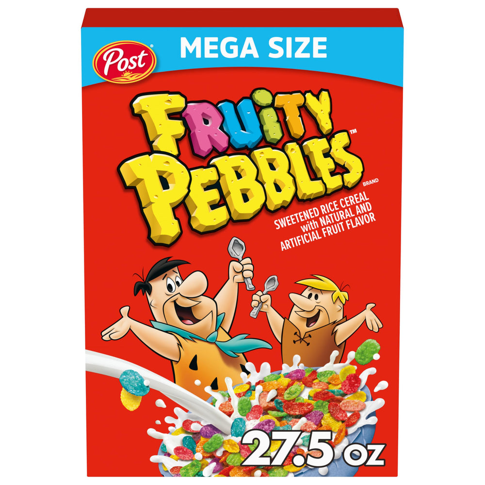 Pebbles Fruity PEBBLES in a milk bowl, kid-friendly breakfast.