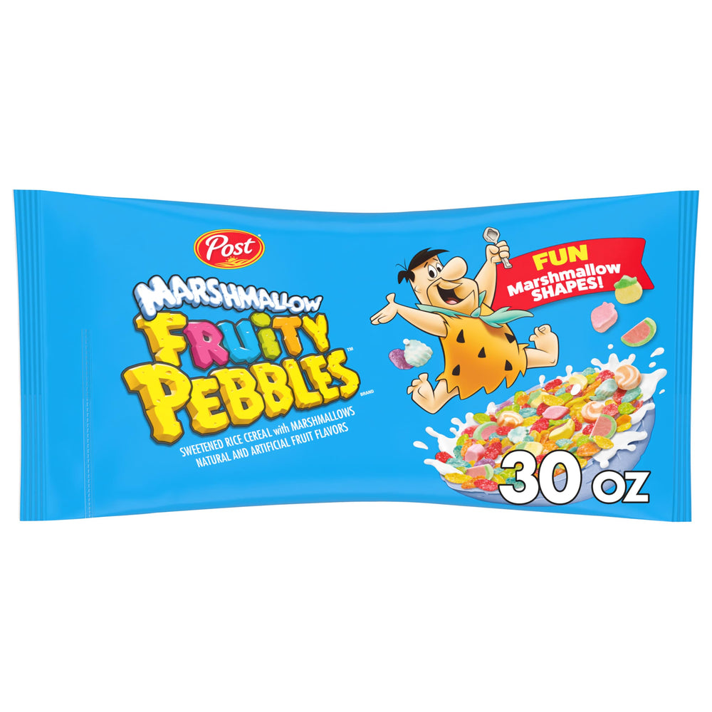 Pebbles Marshmallow Fruity cereal bag 30-oz, gluten-free breakfast option.