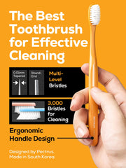 PECTRUS toothbrush bristles closeup highlighting medium density for gentle cleaning.