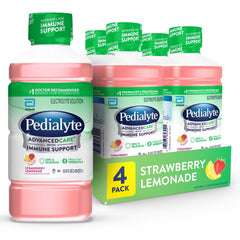 Pedialyte AdvancedCare bottle front with strawberry-lemonade flavor for quick hydration
