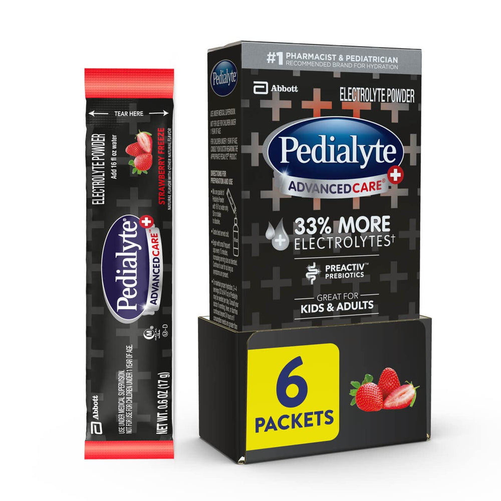 Pedialyte AdvancedCare Plus Strawberry Freeze powder for fast hydration on the go