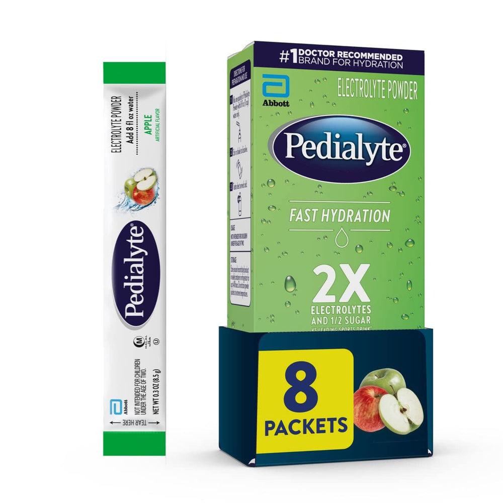 Pedialyte Apple fast hydration packets ready for quick electrolyte balance.