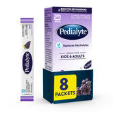 Pedialyte grape electrolyte powder packaging highlighting on-the-go hydration.