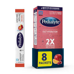 Pedialyte fast hydration powder fruit punch packets aid rapid rehydration.