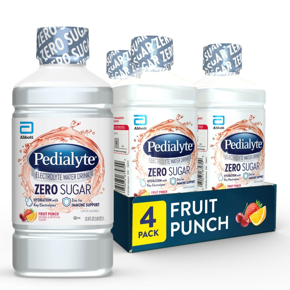 Pedialyte Fruit Punch bottle showcasing zero sugar hydration for on-the-go