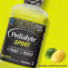 Pedialyte Sport lemon-lime bottle front label highlights key electrolytes.