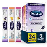 Pedialyte variety pack on table showing three flavors for family hydration.