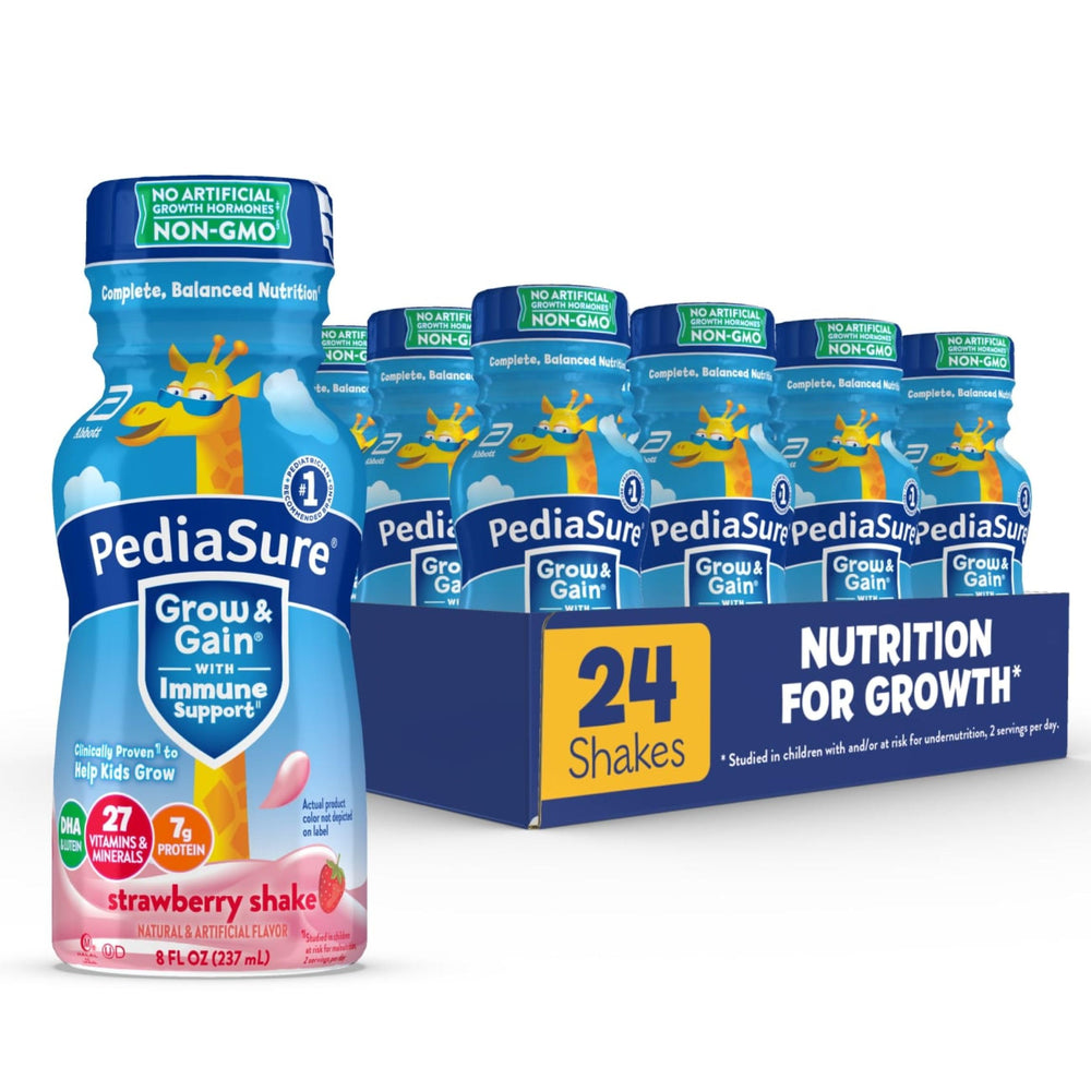 PediaSure Grow & Gain bottle front view showing kid-friendly nutrition benefits.