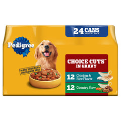 Pedigree Choice Cuts In Gravy country-stew can opened for a complete adult dog meal.