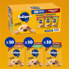 Pedigree Choice Cuts in Gravy pouch opened to reveal real protein chunks for adults.