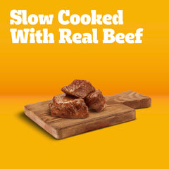 Pedigree Chopped Ground Dinner beef meat pieces close-up