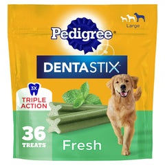 Pedigree Dentastix large-breed bag with 36 treats for daily dental care.