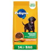 Pedigree Healthy Weight bag front shows roasted chicken and vegetables flavor for lean vitality.