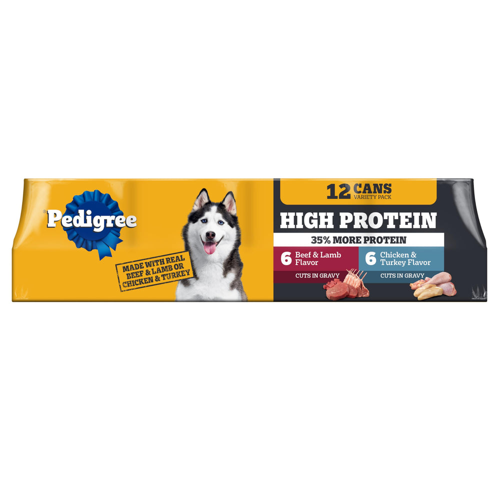 Pedigree High Protein Wet Dog Food beef-lamb can, protein-packed meal for adult dogs.