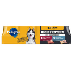 Pedigree High Protein Wet Dog Food beef-lamb can, protein-packed meal for adult dogs.